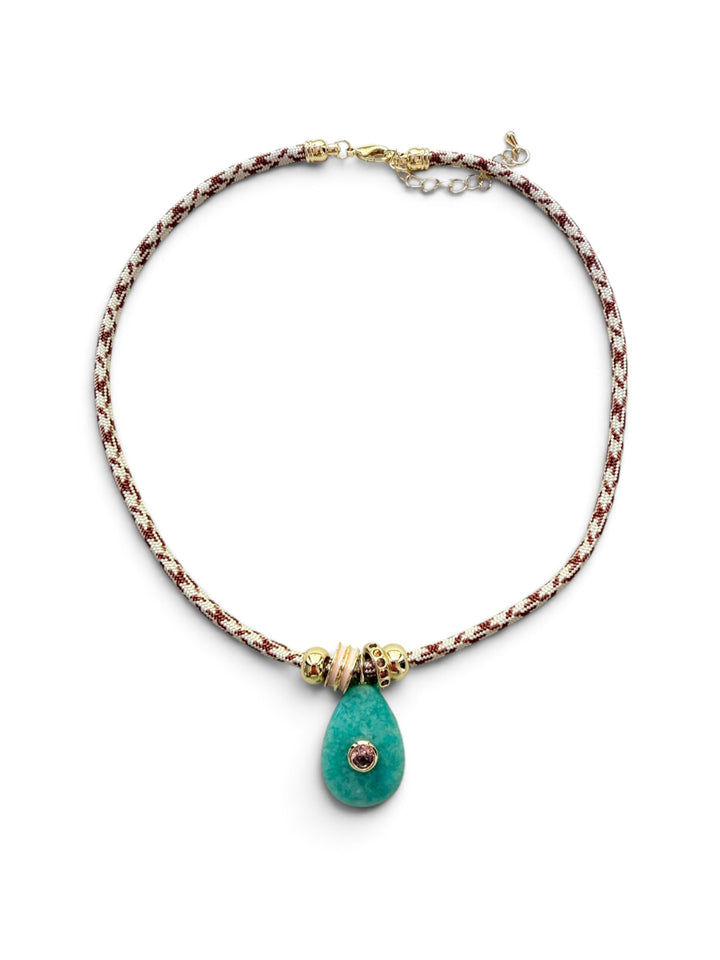 Amazonite Pendant on Brown and Cream Cord Necklace