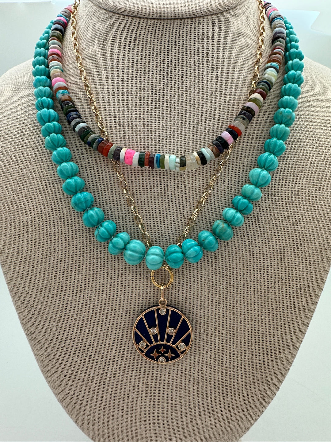Turquoise Handcarved Knotted Melon Necklace