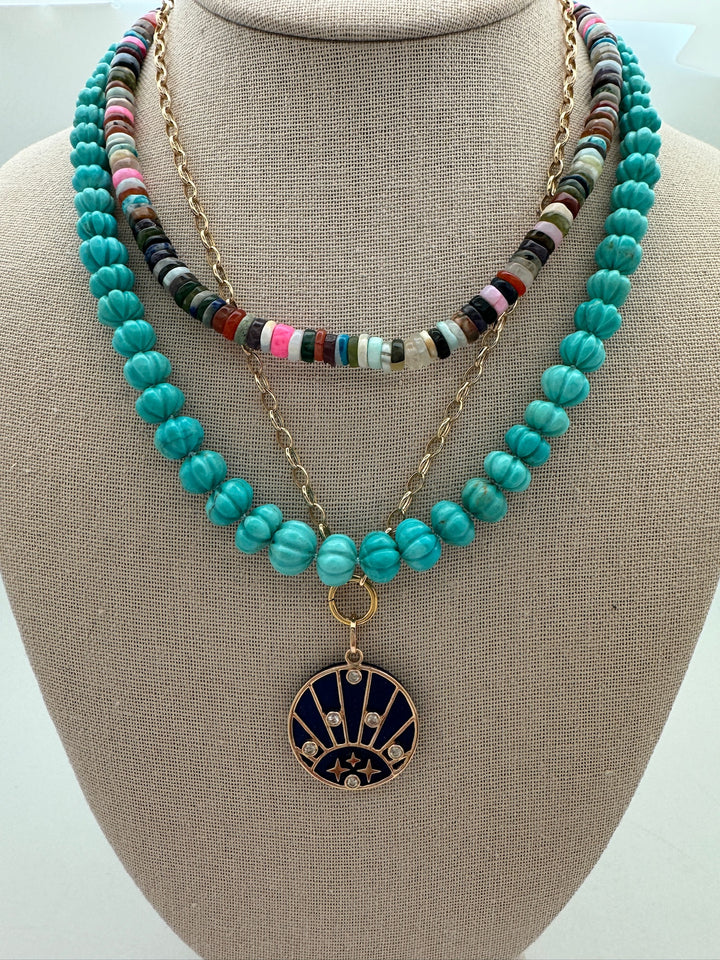 Turquoise Handcarved Knotted Melon Necklace