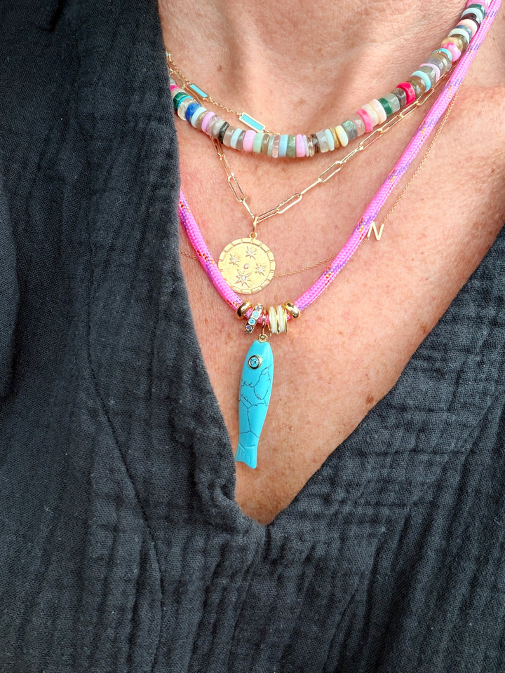 Turquoise Fish and Pink Paracord Necklace