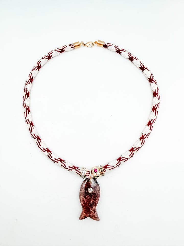 Strawberry Quartz Fish Pendant on White and Burgundy Cord Necklace