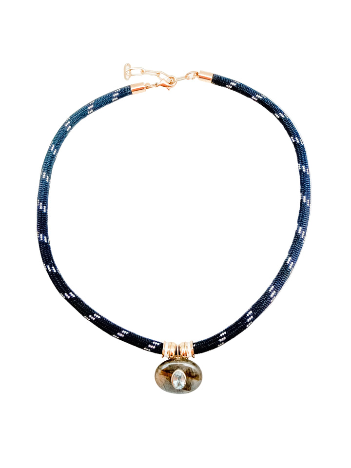 Labradorite Charm on Navy Cord Necklace