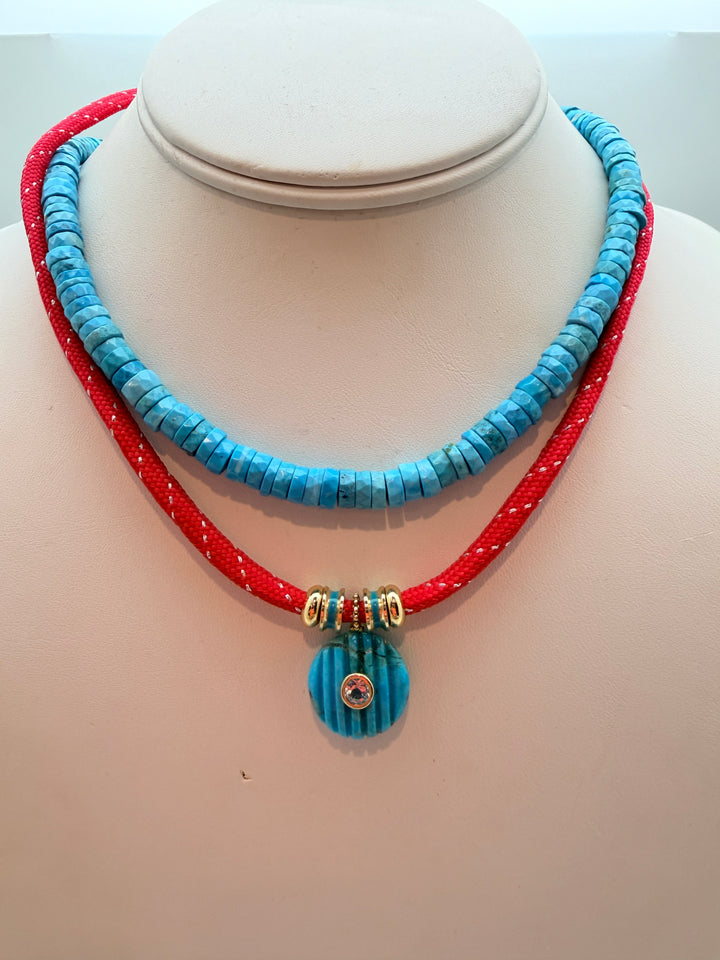 Turquoise Carved Pendant on Red Cord Necklace