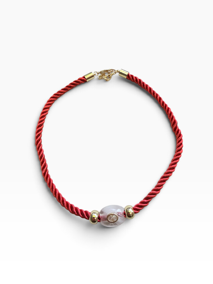 White Quartz Oval Bead on Red Cord Necklace