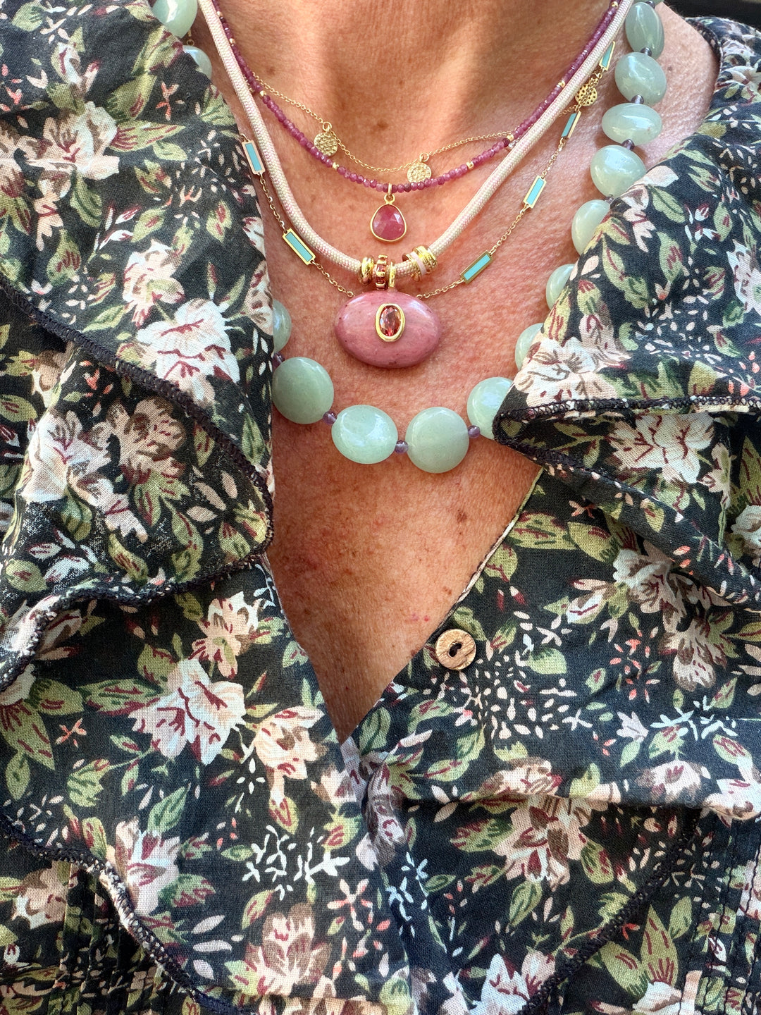 Pink Jasper Charm on Light Pink Cord Necklace