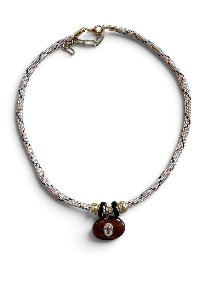 Red Tigers Eye Charm on Tan Cord Necklace