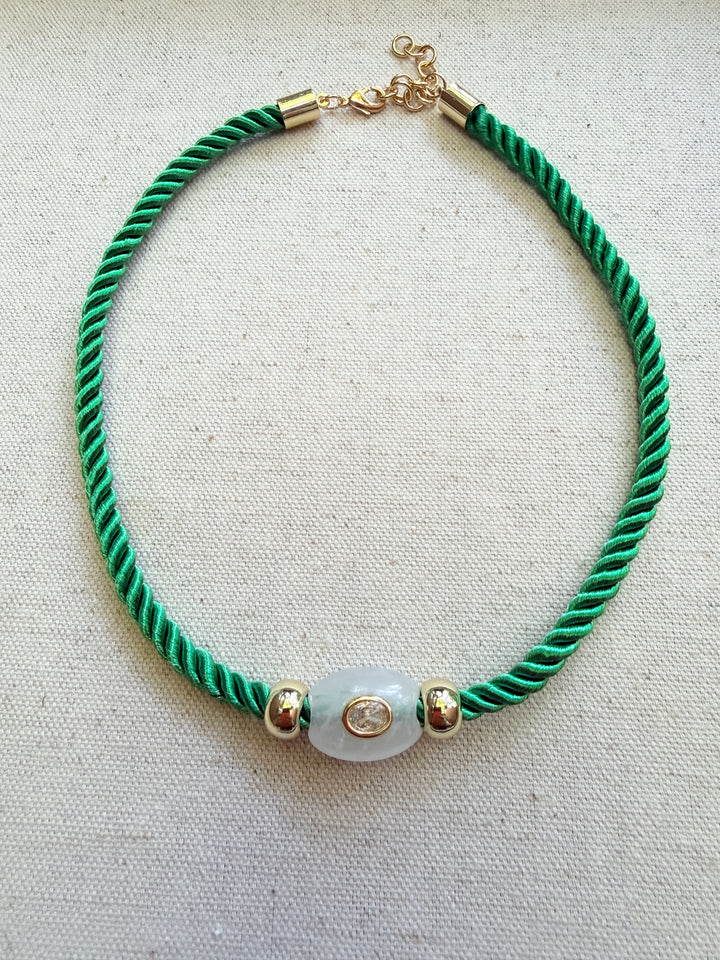 White Quartz on Green Cord Necklace