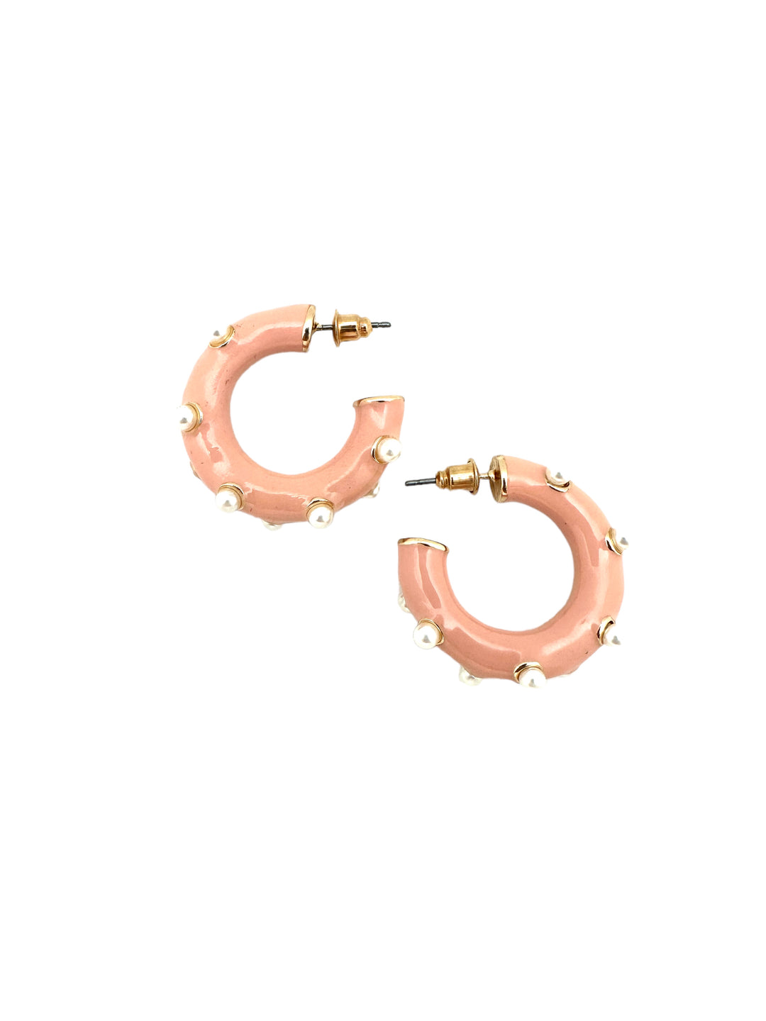 Peach Enamel and Pearl Hoop Earrings