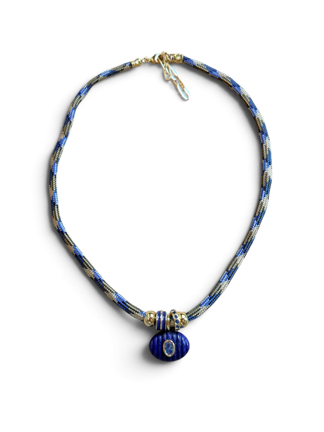 Lapis Oval Charm on Blue and Tan Cord Necklace