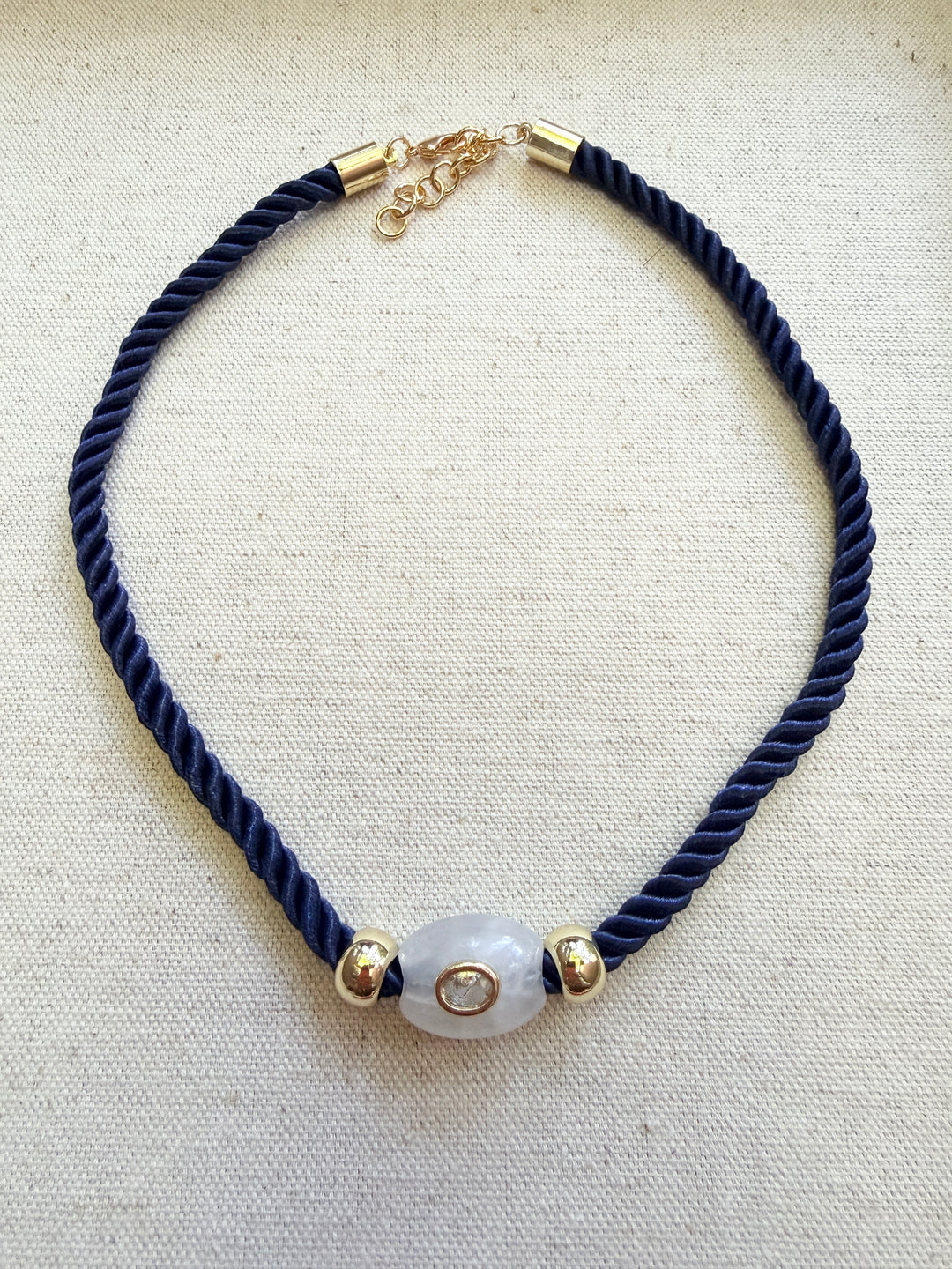 White Quartz Oval on Navy Cord Necklace