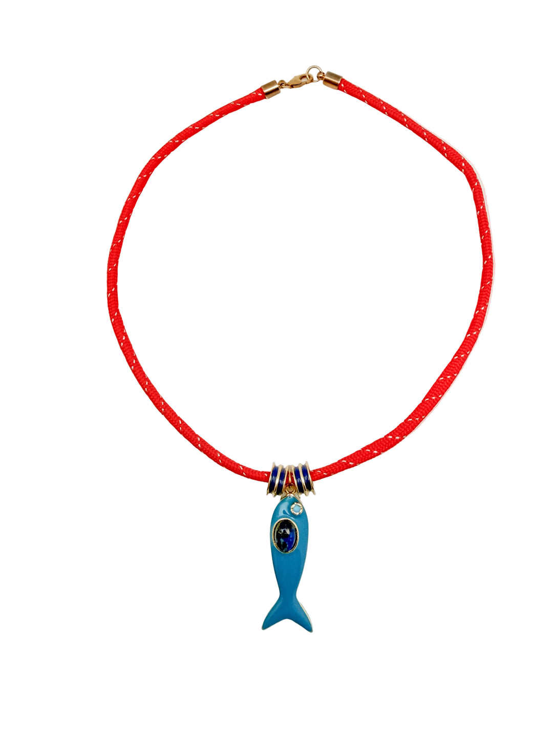 Blue Enamel Fish Charm on Red Cord Necklace
