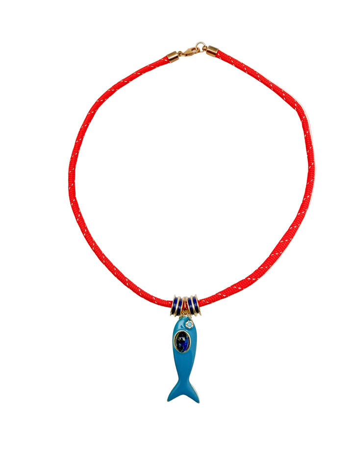 Blue Enamel Fish Charm on Red Cord Necklace