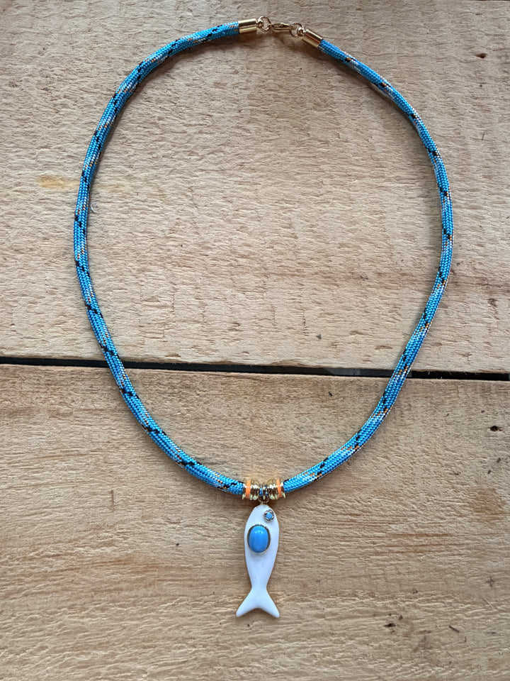 White Enamel Fish Pendant and Teal Cord Necklace