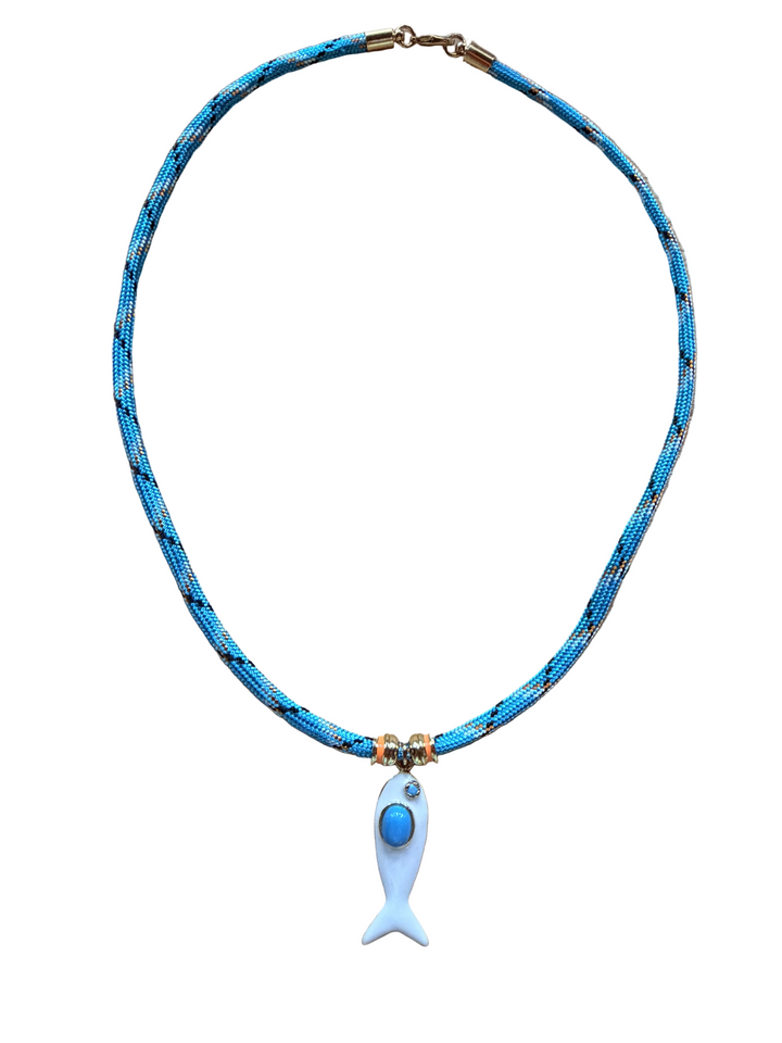 White Enamel Fish Pendant and Teal Cord Necklace