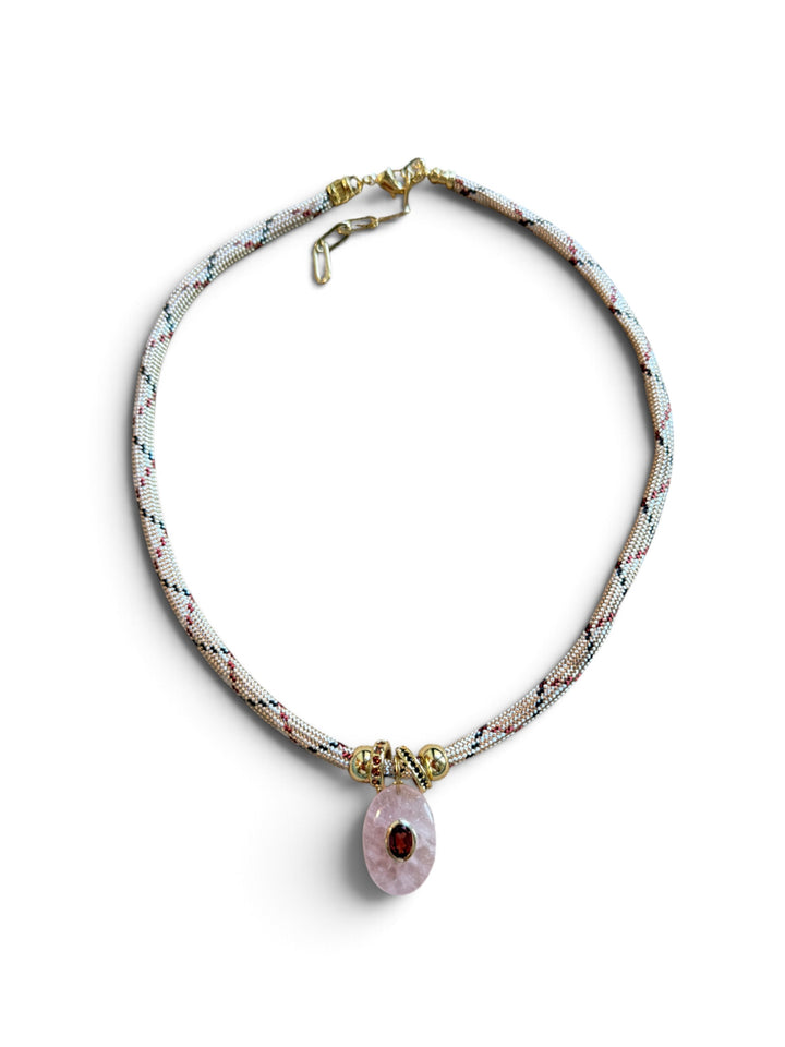 Rose Quartz Charm on Tan Cord Necklace