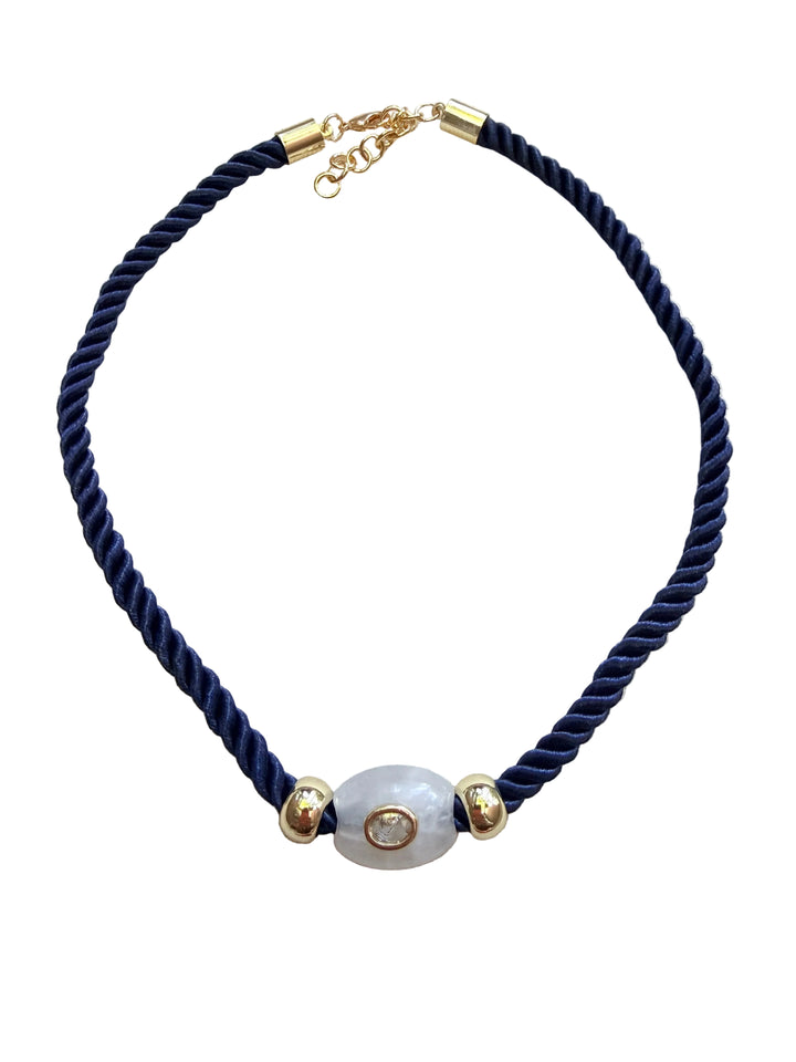 White Quartz Oval on Navy Cord Necklace