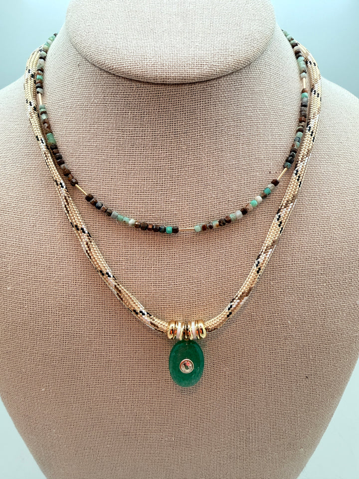 Green Aventurine Oval Pendant and Tan Cord