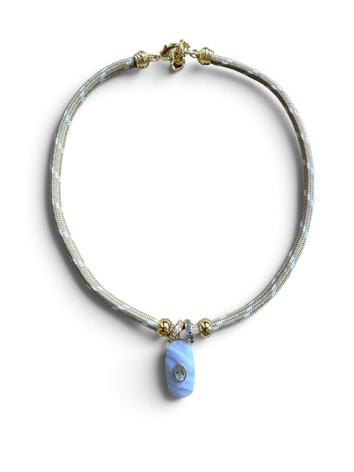 Blue Agate Charm on Tan Cord Necklace
