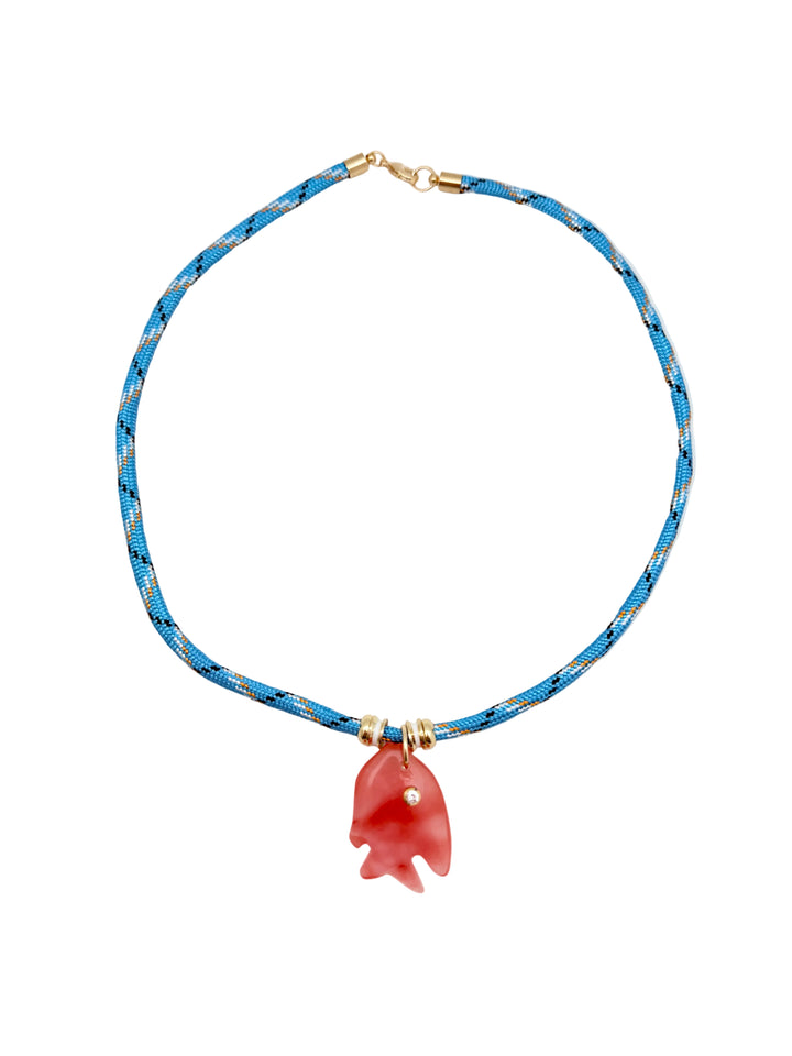Strawberry Quartz Fish on Teal Cord Necklace