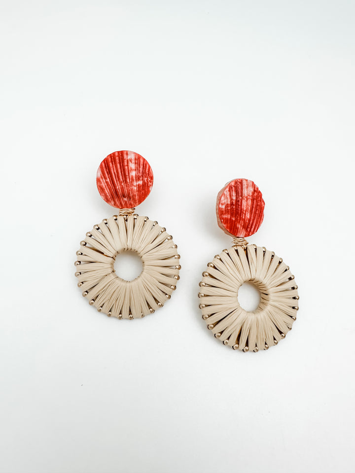 Tan Raffia Wrapped Earring with Shell Top