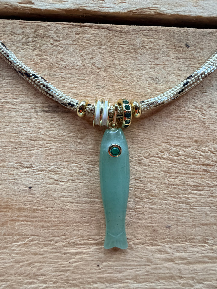 Green Aventurine Fish and Tan Cord Necklace