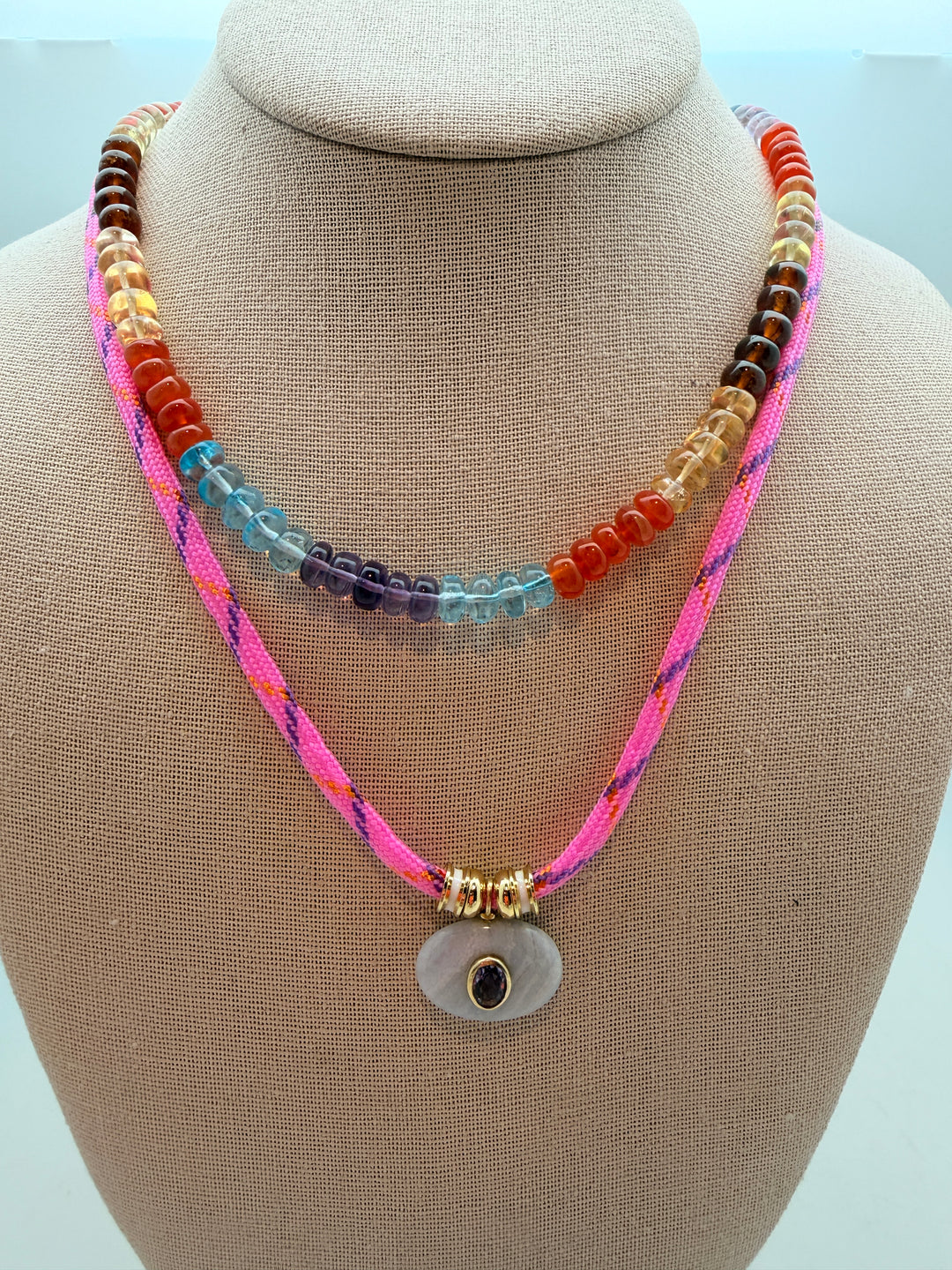 Blue Lace Agate Oval Pendant on Pink Cord