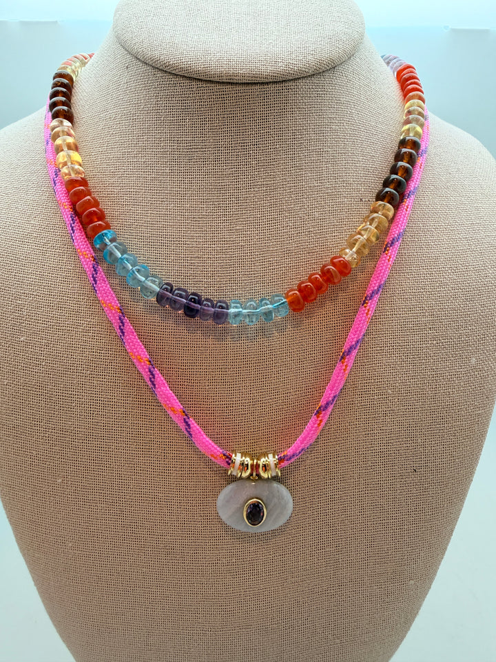 Blue Lace Agate Oval Pendant on Pink Cord