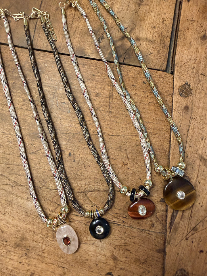 Rose Quartz Charm on Tan Cord Necklace