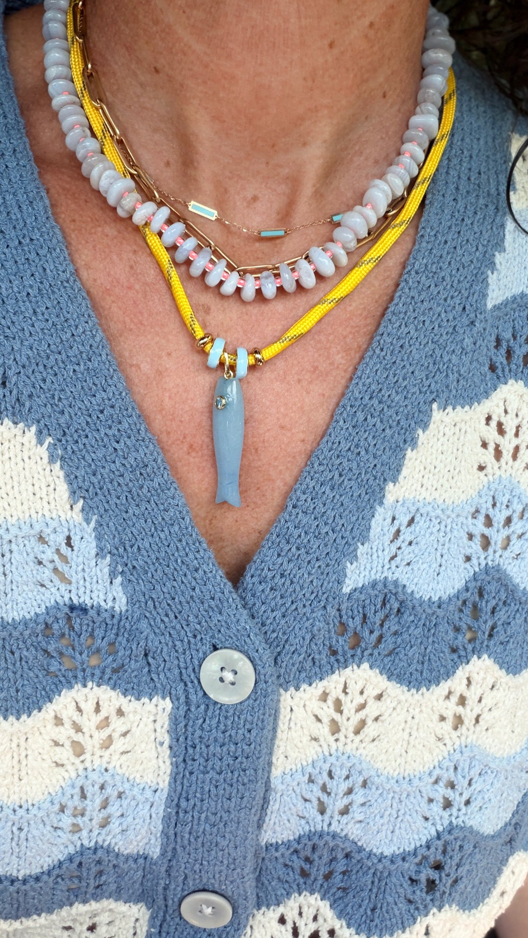 Yellow Cord with Blue Jade Fish Necklace