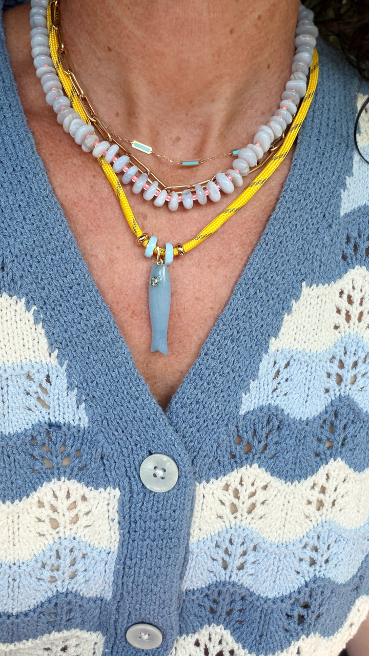 Yellow Cord with Blue Jade Fish Necklace