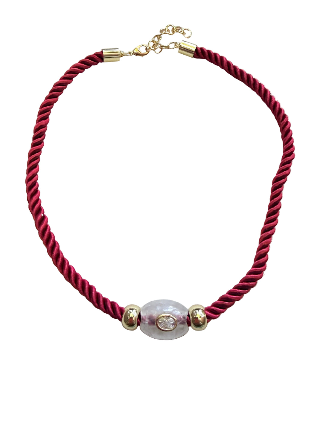 White Quartz Oval on Burgundy Cord Necklace