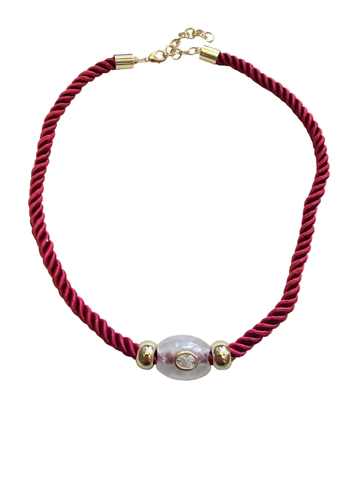 White Quartz Oval on Burgundy Cord Necklace