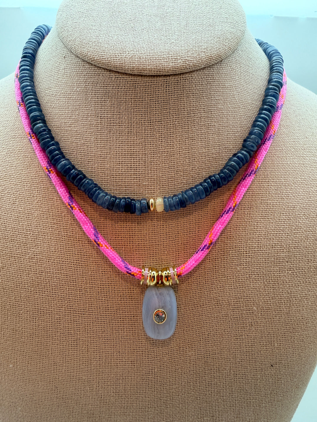Blue Agate Charm on Pink Cord Necklace
