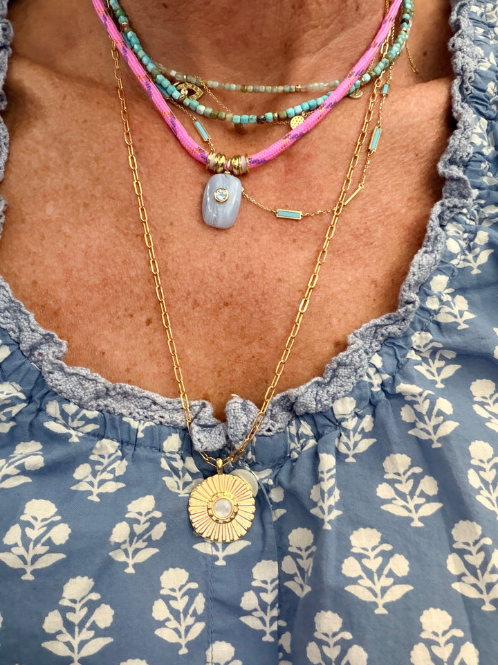 Blue Agate Charm on Pink Cord Necklace