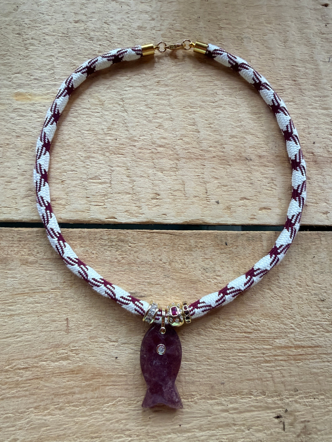 Strawberry Quartz Fish Pendant on White and Burgundy Cord Necklace