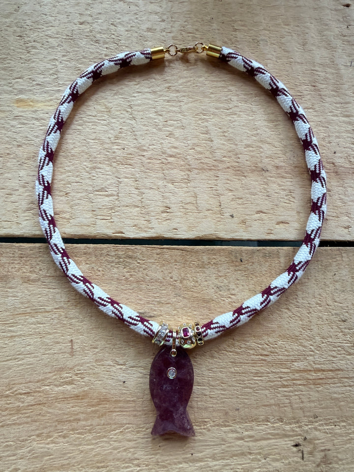 Strawberry Quartz Fish Pendant on White and Burgundy Cord Necklace