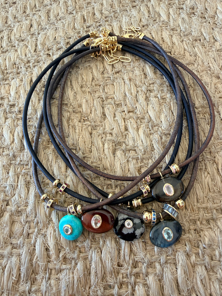Turquoise Charm on Brown Leather Cord Necklace
