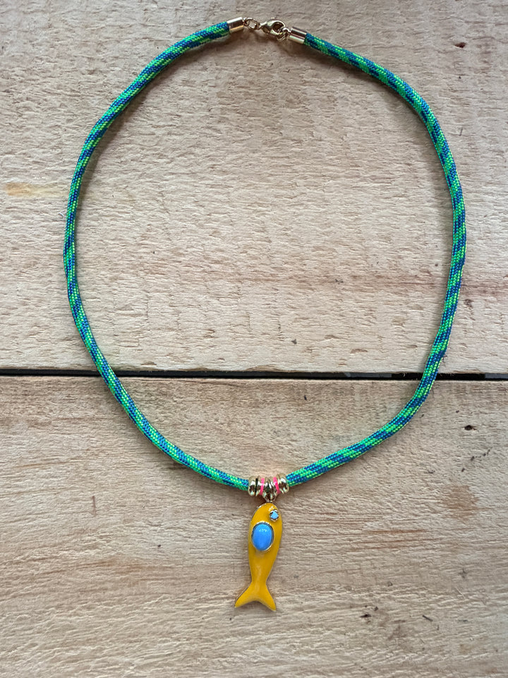 Yellow Enamel Fish on Green Cord Necklace