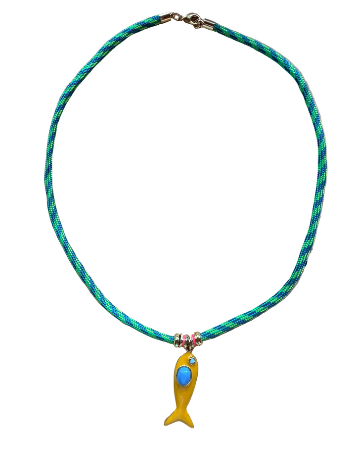 Yellow Enamel Fish on Green Cord Necklace