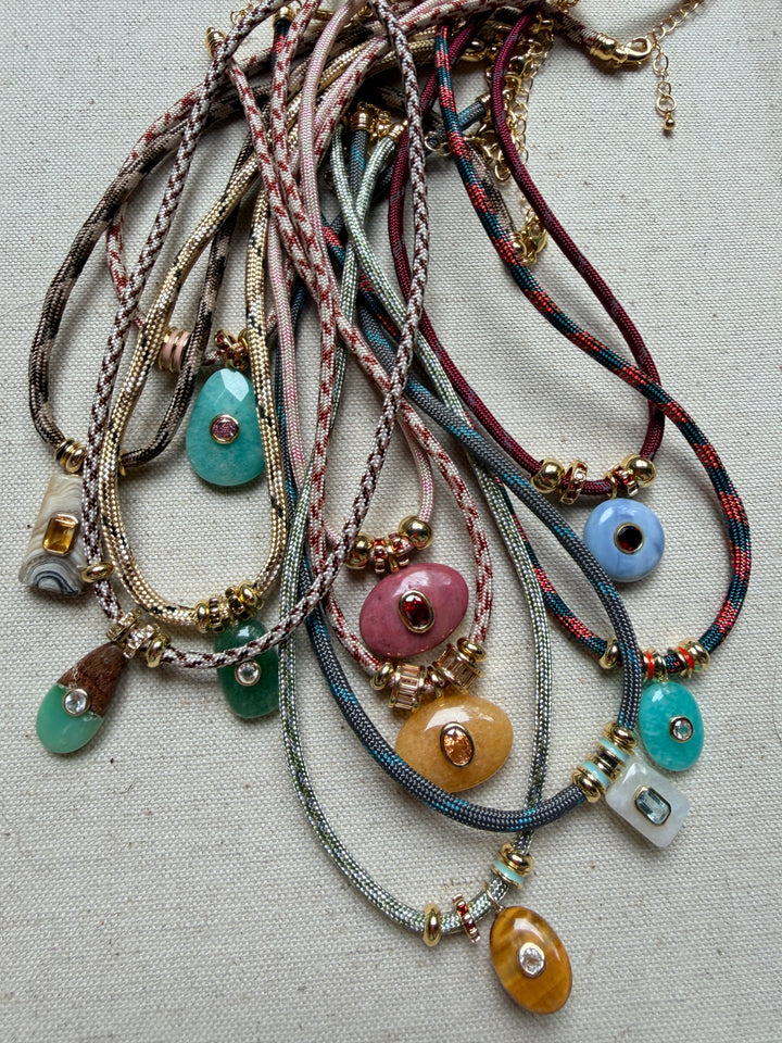 Chrysoprase Drop Charm on Cream and Brown Cord Necklace