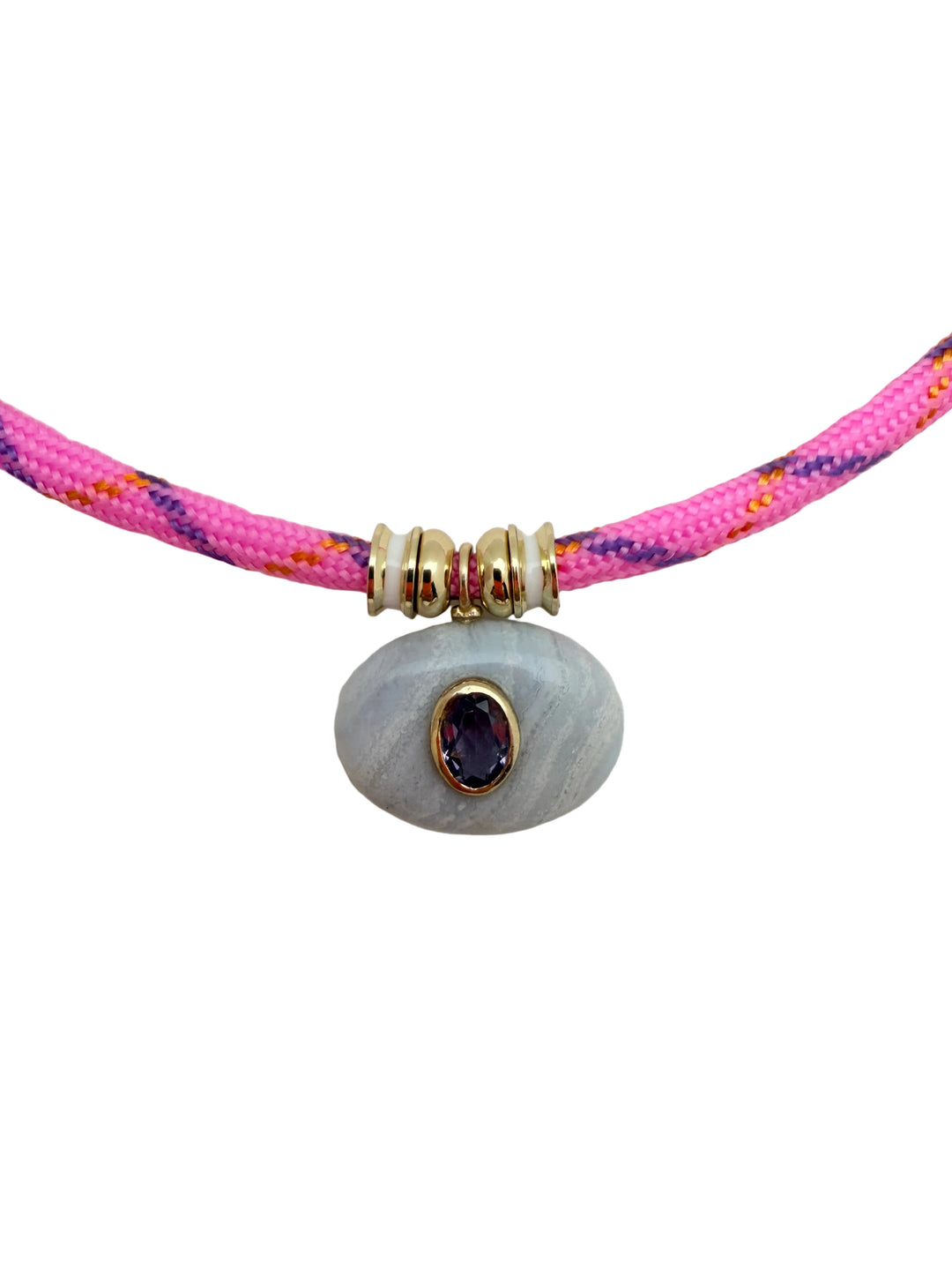 Blue Lace Agate Oval Pendant on Pink Cord