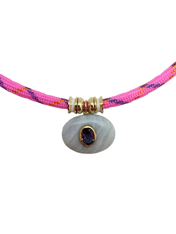 Blue Lace Agate Oval Pendant on Pink Cord