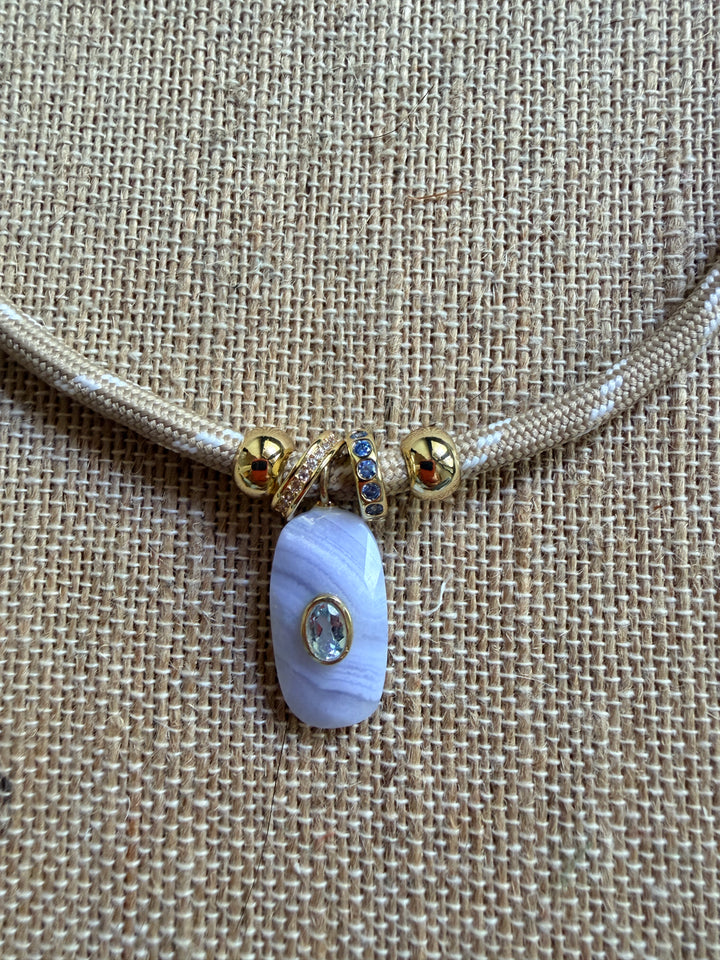 Blue Agate Charm on Tan Cord Necklace