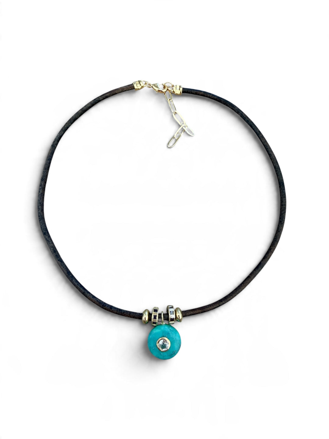 Turquoise Charm on Brown Leather Cord Necklace
