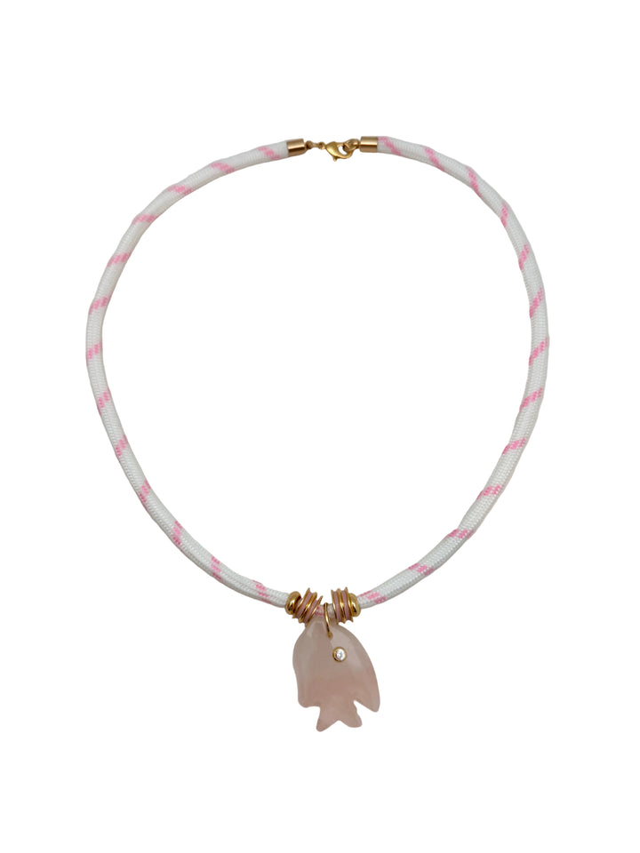 Pink Rose Quartz Fish Charm on White Cord