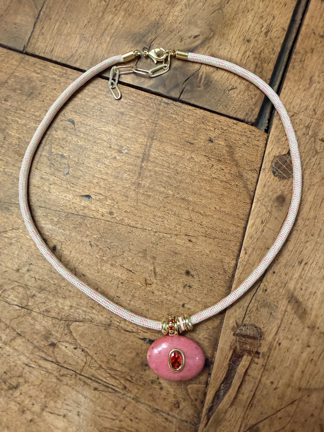 Pink Jasper Charm on Light Pink Cord Necklace