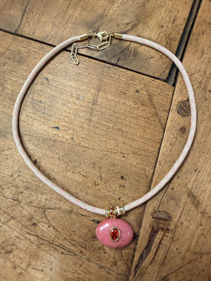 Pink Jasper Charm on Light Pink Cord Necklace