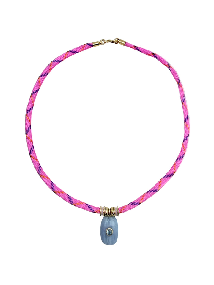 Blue Agate Charm on Pink Cord Necklace