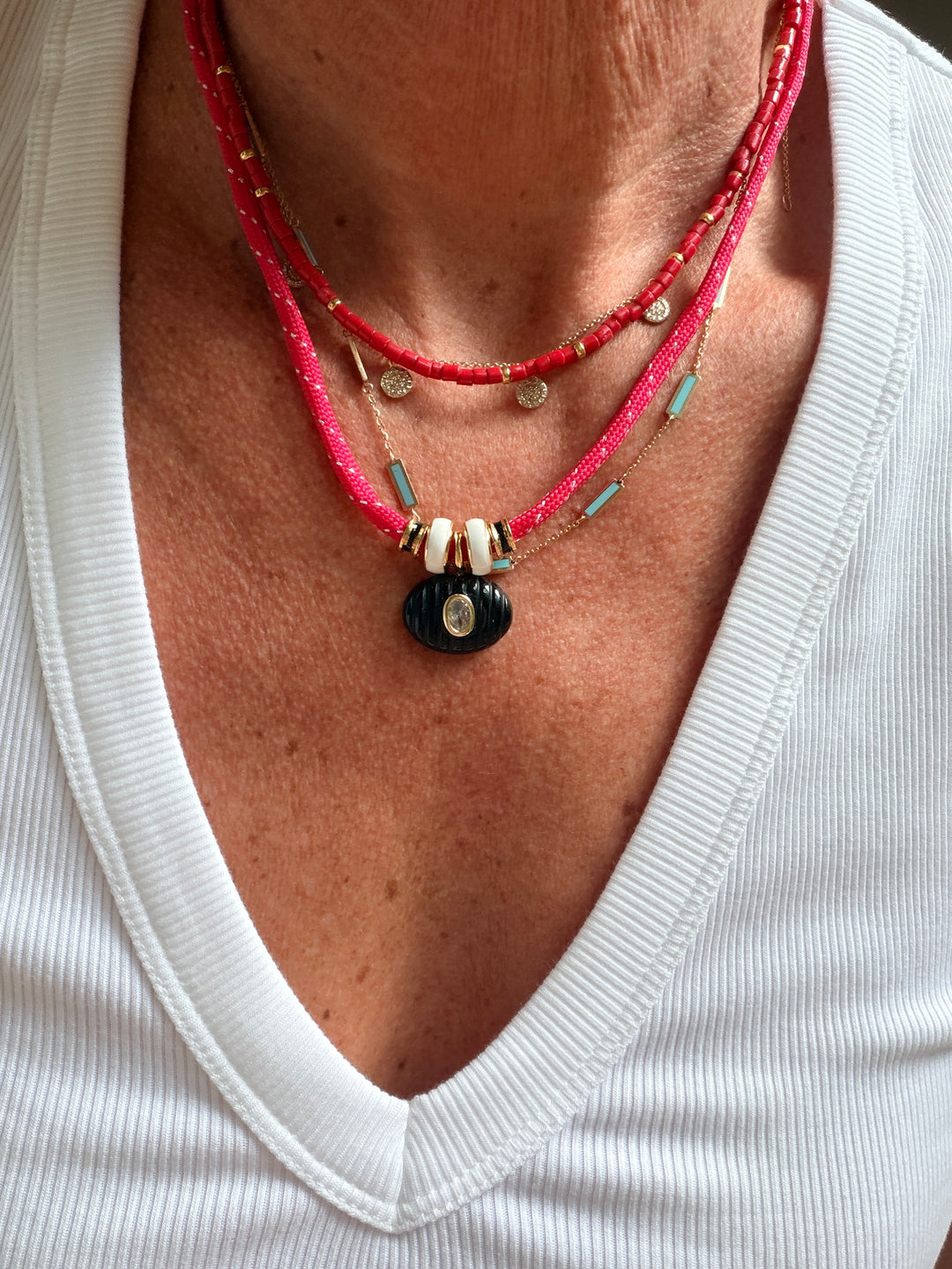 Black Onyx Carved Charm on Red Cord Necklace