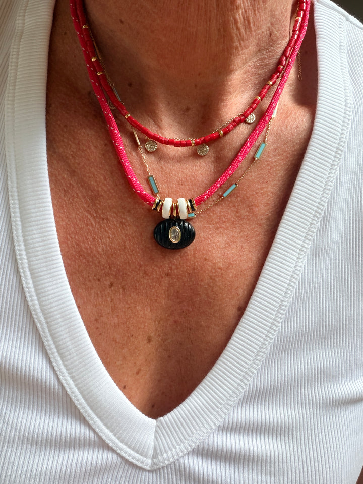 Black Onyx Carved Charm on Red Cord Necklace